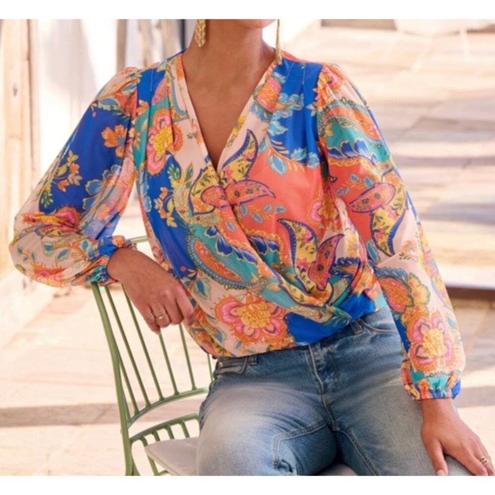 Boston Proper Paisley Mesh Surplice Long-Sleeve Knit Top size Small